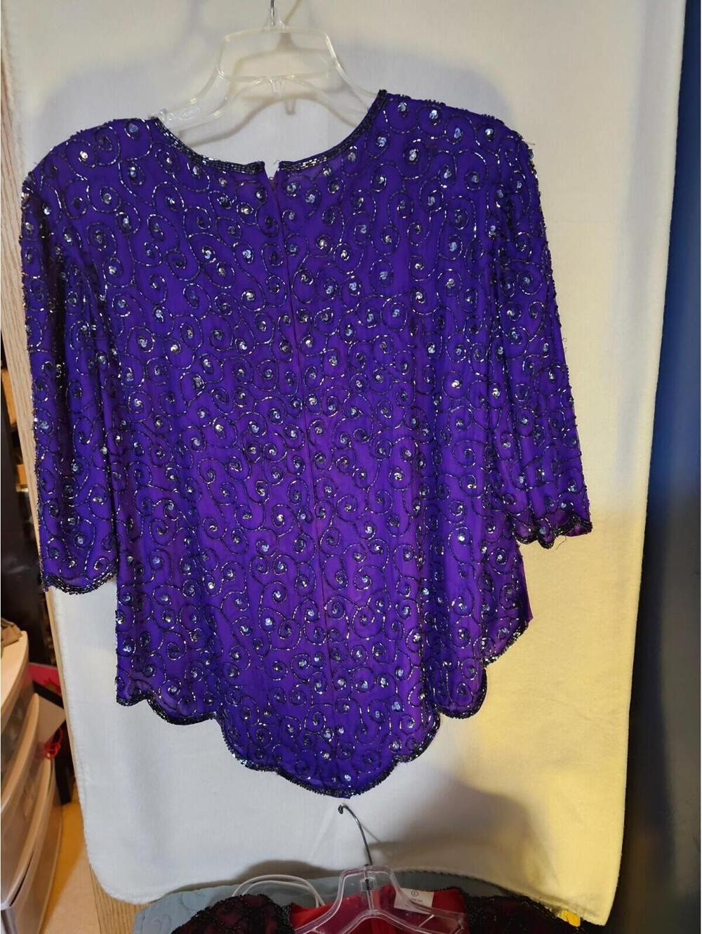Vintage Beaded Silk Blouse – Purple Sequin Top Women’s Size Large, Made in India